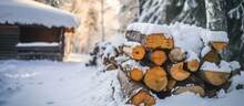 A Pile Of Logs Covered In Snow In A Snowy Forest . High Quality