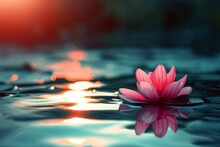 A Pink Flower Floating On The Surface Of A Pond At Sunset, Featuring Hyper-realistic Animal Illustrations, Mystical Realms, And Photo-realistic Elements In Dark Teal And Light Red.
