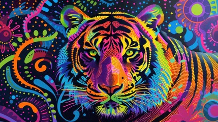   a painting of a tiger on a black background with multicolored circles and swirls on the bottom half of the tiger's face.