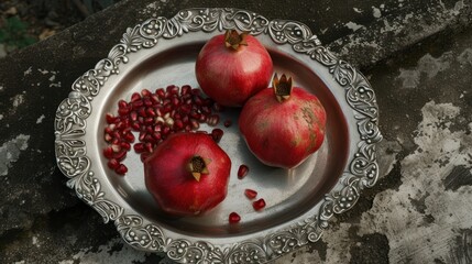 Sticker -  three pomegranates on a silver plate on a stone surface next to another pomegranate.