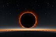 A vibrant, high-energy imagery of a solar eclipse is presented, with focus stacking in dark brown and orange.