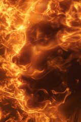 Wall Mural - A woman's face with fire, smoke, and smoke coming out of her hair, featuring transcendental dreaming and volumetric lighting in light orange.