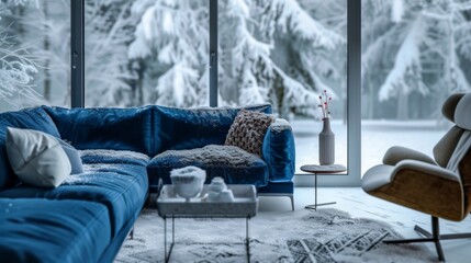 Wall Mural - Frozen modern interior filled with snow. Snow-covered icy room. Frosty decor in winter house.