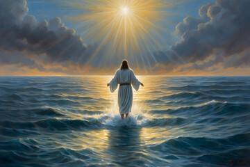 A concept of Jesus walks on water and calms the sea