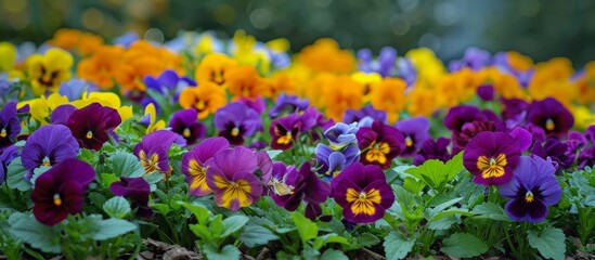 Poster - a field of colorful pansies growing in the grass . High quality