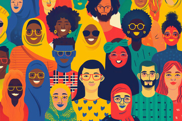 Wall Mural - Hand drawn funny colorful human character seamless pattern illustration wallpaper concept, Global people diversity and equality, young men and women with different skin colors, group of stylish people