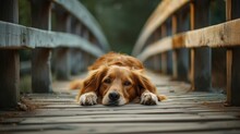  A Close Up Of A Dog Laying On A Bridge With Its Head On It's Paws And It's Paws Resting On The Ground.