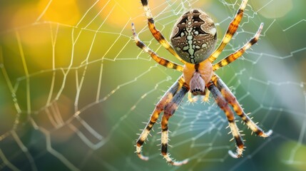  a close up of a spider on it's web in the middle of it's cobwe.