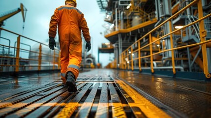 Wall Mural - Close up of Offshore oil rig worker walks to an oil and gas facility to work in the process