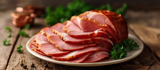 Wall Mural - Sliced ham on a table in a white plate.