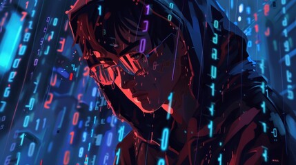 Cyber Hacker Amidst Matrix Code Rainfall