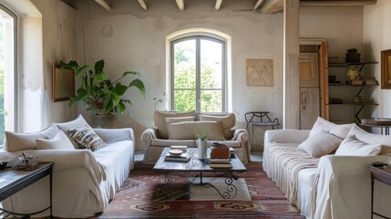 Poster -  a living room with two couches and a coffee table with a potted plant in the corner of the room.