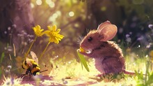  A Painting Of A Mouse And A Bee In A Field Of Dandelions With A Bee In The Foreground.