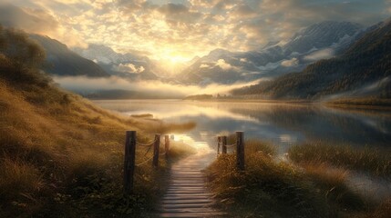 Wall Mural - a painting of a path leading to a body of water with mountains in the background and clouds in the s