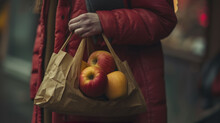  A Woman In A Red Coat Holding A Brown Paper Bag With Two Apples In It And A Brown Paper Bag With Two Apples In It.