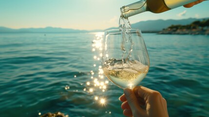 Wall Mural -  a person holding a wine glass in front of a body of water with the sun shining on the water and mountains in the distance.