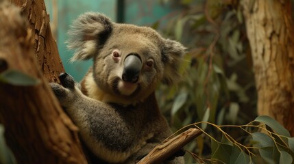 Poster -  a close up of a koala on a tree branch with leaves in the foreground and a blurry background.