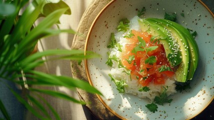 Sticker -  a close up of a plate of food with rice and avocado on a table next to a potted plant.