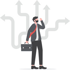 Poster - Businessman Decision Which Way with arrows pointing to many directions. vector illustration.

