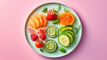 Poster -  a white plate topped with cucumbers, strawberries, oranges, and strawberries on top of a pink background.