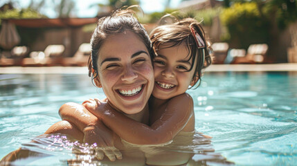 Wall Mural - Mother and young daughter smiling and embracing in a sunlit swimming pool.