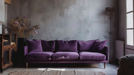 Furniture decorates the house with purple tones and a living room with a sofa. Ai generate. 