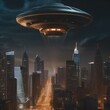 Alien invasion, Terrifying scene of alien spacecraft descending upon a city skyline as panicked crowds flee in terror4