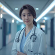 © 효영 이 - 병원 복도에서 미소를 짓고 있는 젊은 여자 의사