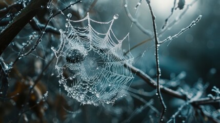 Poster - a spider web covered in dew sits on a tree branch in front of a blurry background of leaves and branches.