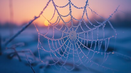 Wall Mural - a close up of a spider web with the sun setting in the back ground in the distance in the background.
