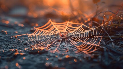 Poster - a close up of a spider's web on the ground with water droplets on the spider's web.