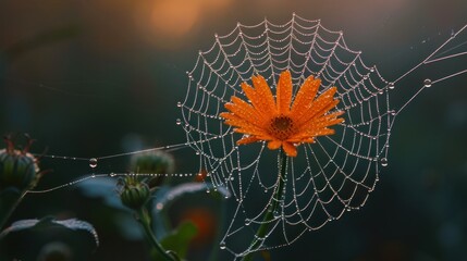 Wall Mural - a close up of a spider's web with a flower in the middle of the spider's web.