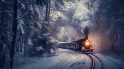 Sticker - a train traveling through a snowy forest with a bright light at the end of the train's smoke stack.