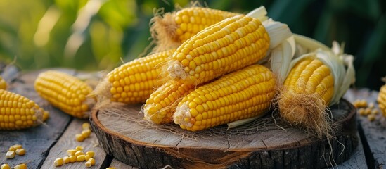 Canvas Print - Sweet corn on the cob, a natural food ingredient, is placed on a wooden cutting board