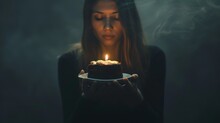 A Woman Holding A Plate With A Cake On It With A Lit Candle In The Middle Of The Plate And Smoke Coming Out Of Her Face.