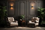 Fototapeta Uliczki - stylist and royal Home interior with two armchair and decor in brown color living room, space for text, photographic