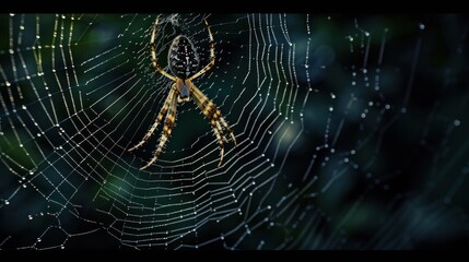 Wall Mural - a close up of a spider on it's web with drops of water on the spider's web.