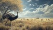 an ostrich standing in the middle of a field with antelope in the background and clouds in the sky.