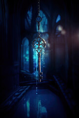 Wall Mural - mysterious fantasy key immersed in water hanging on a chain in an old building, blue magical art	