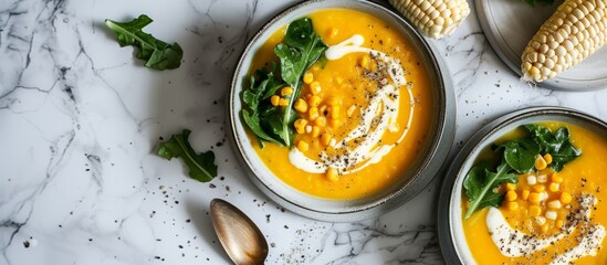 Sticker - two bowls of corn soup with a spoon on a table . High quality