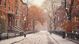 Fototapeta Uliczki - a snowy street lined with brick buildings and lots of red leaves on the ground and a person walking down the sidewalk.