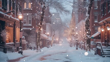 Wall Mural - a city street is covered in snow during a wintery day with buildings and street lamps on either side of the street.