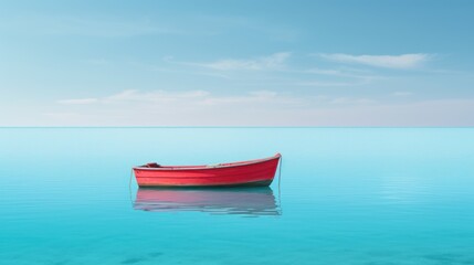 Poster - a red boat floating on top of a large body of water under a blue sky with wispy clouds.