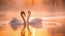Two Swans Forming A Heart At Sunrise