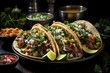 stylist and royal three pork carnitas street tacos in yellow corn tortilla with avocado, onion, cilantro and cabbage, space for text, photographic