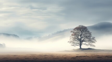 Sticker - a lone tree stands in the middle of a foggy field with a mountain in the distance in the distance.