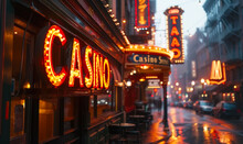 Glowing Casino Neon Sign Dazzling With Bright Lights, Inviting Nighttime Entertainment And Gambling In A Vibrant Setting