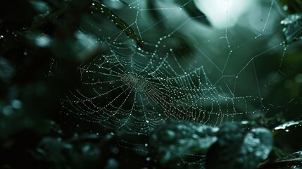 Wall Mural - a close up of a spider web on a leafy branch with drops of water on the spider's web.