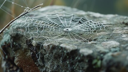 Wall Mural - a spider web sitting on top of a rock next to a leafy tree branch on a sunny day in the woods.