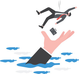 Canvas Print - Business support, insurance or emergency money to rescue in economic crisis or investing margin of safety to protect losses concept, businessman investor falling from the sky into a soft helping hand.